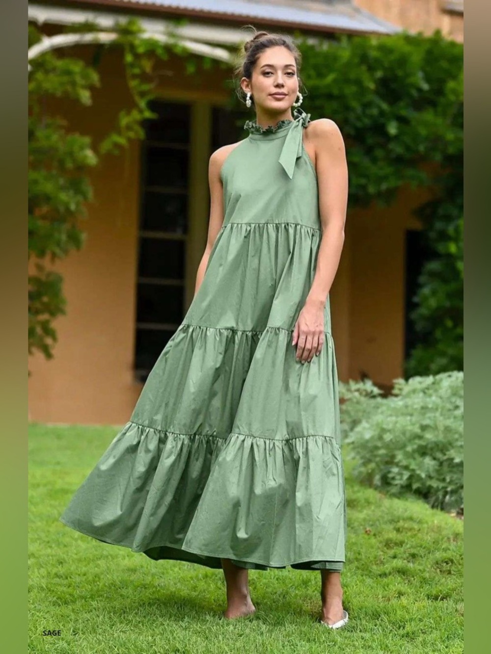 Wyatt Wylde Helena Green Tiered Halter Maxi Dress Size Large NWT